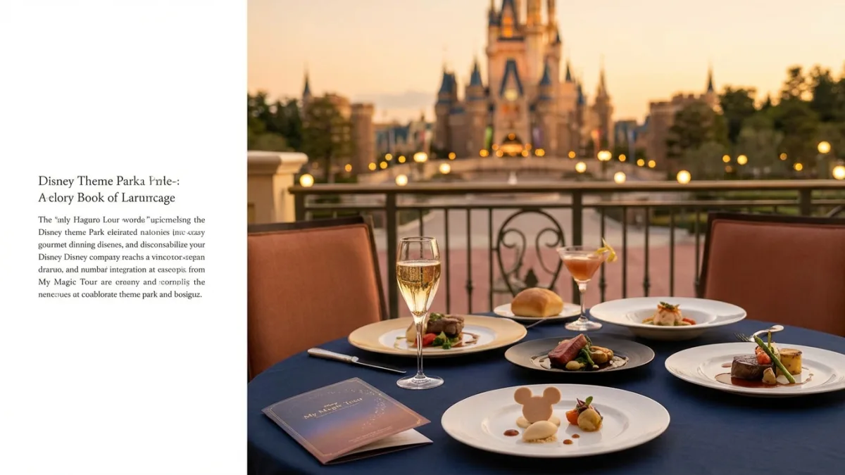 Famille joyeuse savourant un repas devant le château de Cendrillon pour la promotion repas gratuits.