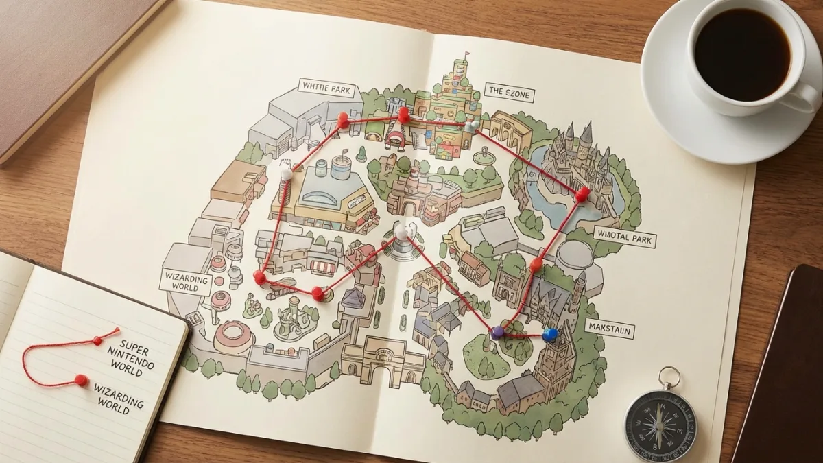Carte détaillée d'Universal Studios Japan montrant les dix zones thématiques pour optimiser son parcours.