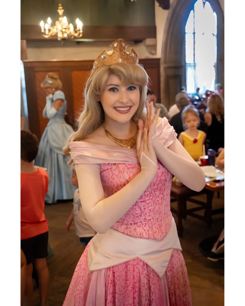 la Princesse Aurore (La Belle au Bois Dormant) dans son élégante robe rose, accueillant les visiteurs avec un sourire chaleureux.