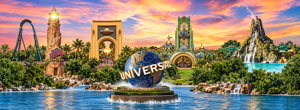 Vue panoramique des parcs Universal Orlando Resort avec le globe Universal au premier plan, Volcano Bay, Islands of Adventure et Universal Studios sous un ciel coloré au coucher du soleil.