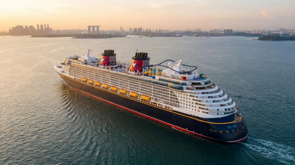Le Disney Adventure navigue près de Singapour. Ce nouveau navire Disney Cruise Line destiné au marché asiatique préfigure l'expansion de la marque en Asie avant l'arrivée du Disney Imagination au Japon.