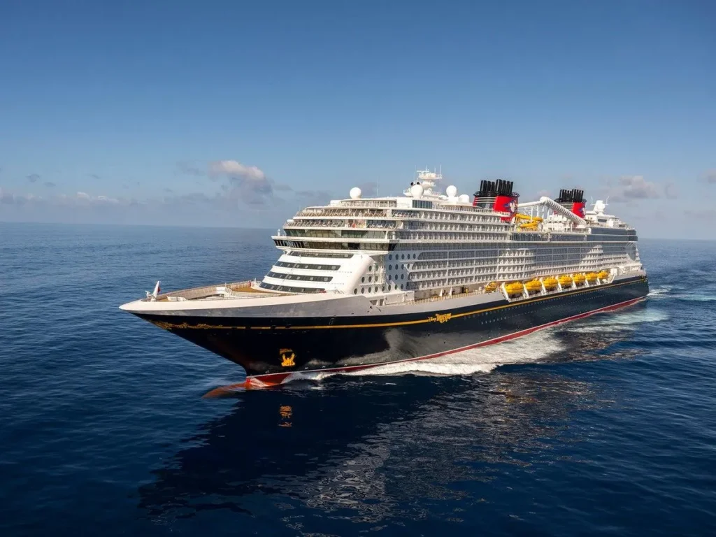 Vue aérienne du Disney Treasure naviguant en mer. Ce navire de classe Wish partage de nombreuses caractéristiques avec le futur Disney Imagination prévu au Japon en 2029.